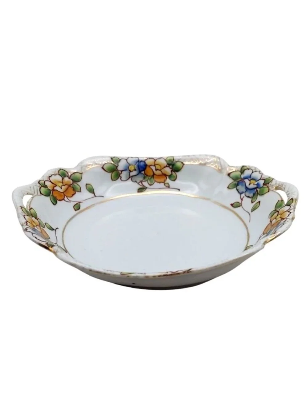 Serving Bowl Inset Handles Hand Painted Floral Porcelain Scalloped Japan Vintage
